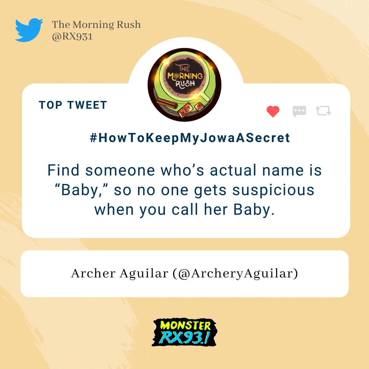 RX931's tweet photo. #HowToKeepMyJowaASecret from @ArcheryAguilar #TheMorningRush https://t.co/RD8fD95Sdy