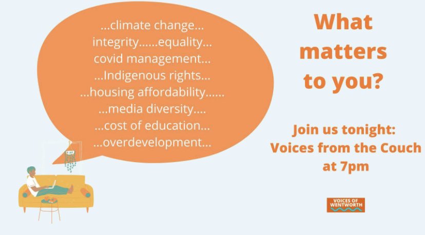 VoicesWentworth's tweet photo. Join us on Zoom at 7pm tonight!

What matters to you in the #Wentworth electorate? We will compile your concerns into a report to be published later this year.

We want to hear about what matters to you! 

Register here: https://t.co/Qt2RWIgt2N https://t.co/3jv8Wgw8we