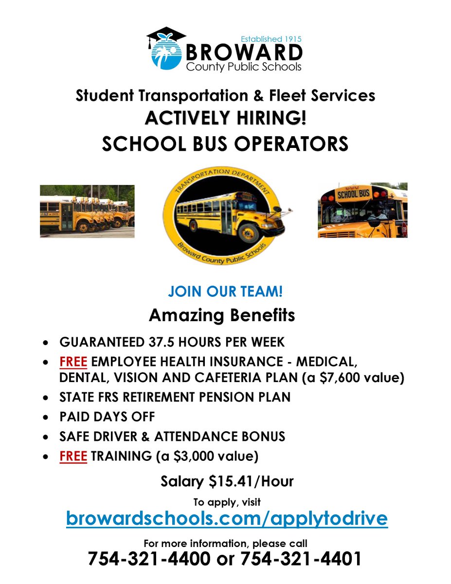Flyer with information about job openings for school bus operators.