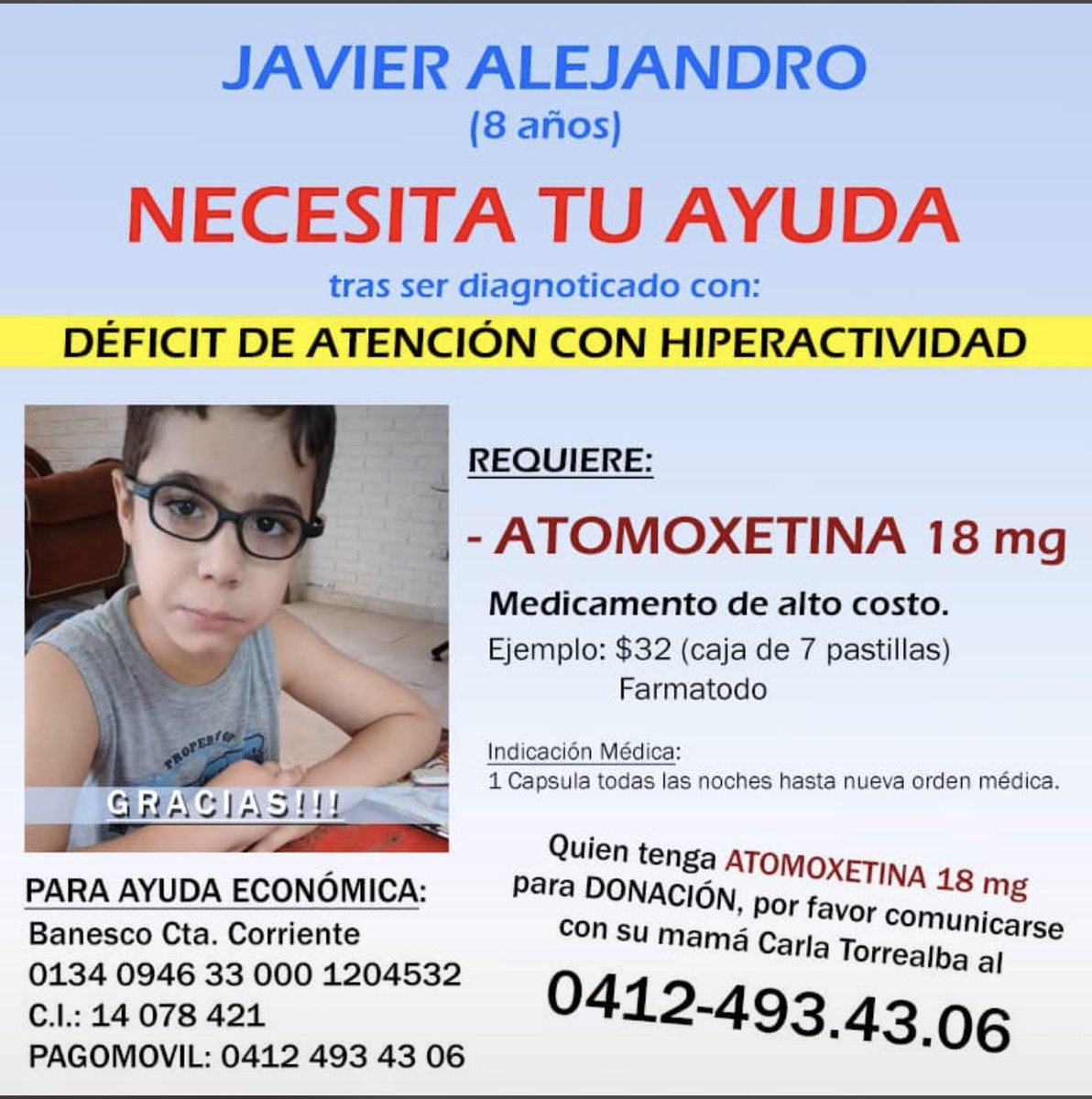 Mi gente de Valencia y todo el que desee colaborar con Javier Alejandro quien necesita Atomoxetina de 18 mg medicamento de alto costo Apoyemos!!! 🙏🏻🙏🏻🙏🏻 <a href="/rafaellacava10/">Rafael Lacava</a> <a href="/jaarreaza/">Jorge Arreaza M</a> <a href="/dcabellor/">Diosdado Cabello R</a>