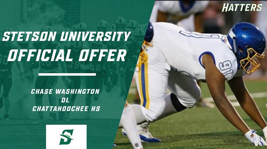 C_Dub97's tweet photo. After a great conversation, I am blessed to have received my first D1 Offer to Stetson University...#gohatters. @coachbkyoung @MrSpeakLife @CoachMaloneFB @HoochFootball @Mhoward38 @GATAtraining @RecruitGeorgia https://t.co/VTJEv4PKau