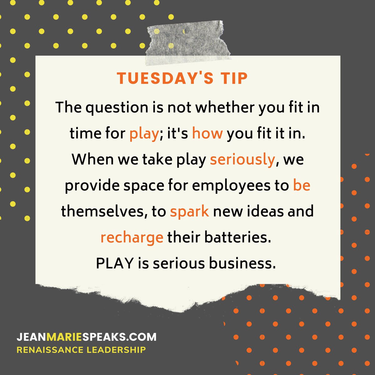 All work and no play makes for a burned out team.  Combine that with what we experienced  in the last year, it's no surprise that play is the last thing that crosses your mind.  #tuesdaystip #teameffectiveness #leadership #innovation