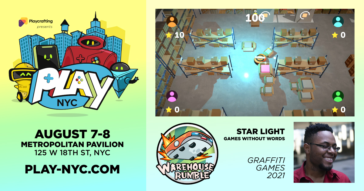 Grimesmikes's tweet photo. In WAREHOUSE RUMBLE, up to 4 players are warehouse robots trying to push packages to their destinations while keeping them in pristine condition! Created by @Slide20XX &amp; @gamesnotwords for #PlayNYC Graffiti Games. Debuting this weekend! Get tickets at https://t.co/ccLuP3zqNd. https://t.co/mm0YdIgh6W