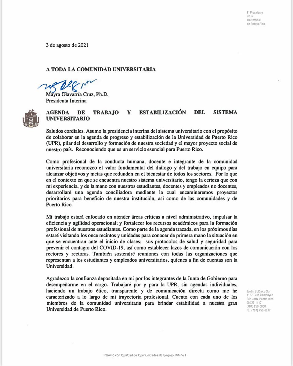 A toda la comunidad universitaria UPR