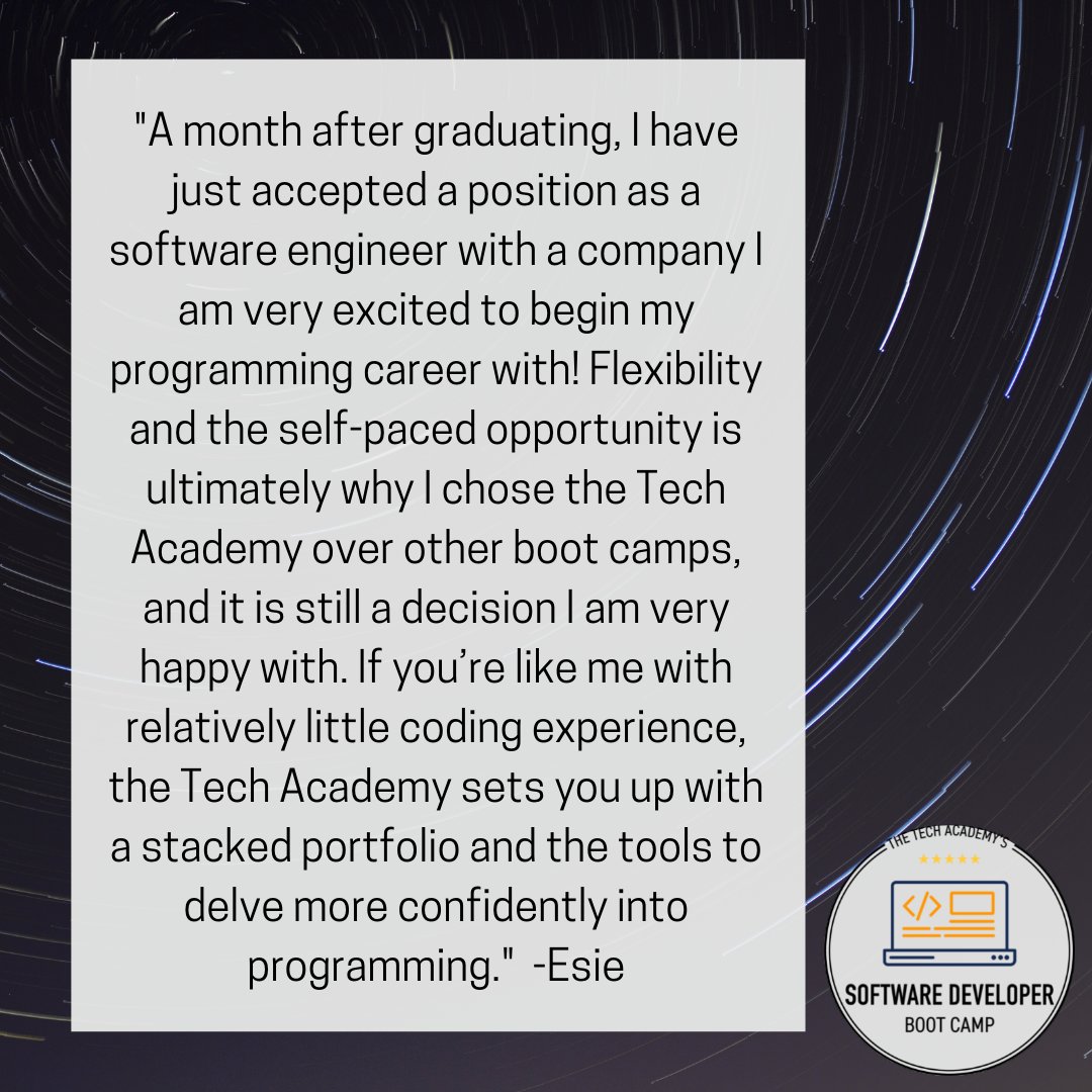 TheTechAcad's tweet image. Check out this awesome review from one of our graduates, Esie!
Esie graduated from The Tech Academy's software developer boot camp, which is only 22 weeks!
Contact our Admissions team today at learncodinganywhere.com/contact
#codingbootcamp #learntocode #learncodinganywhere
