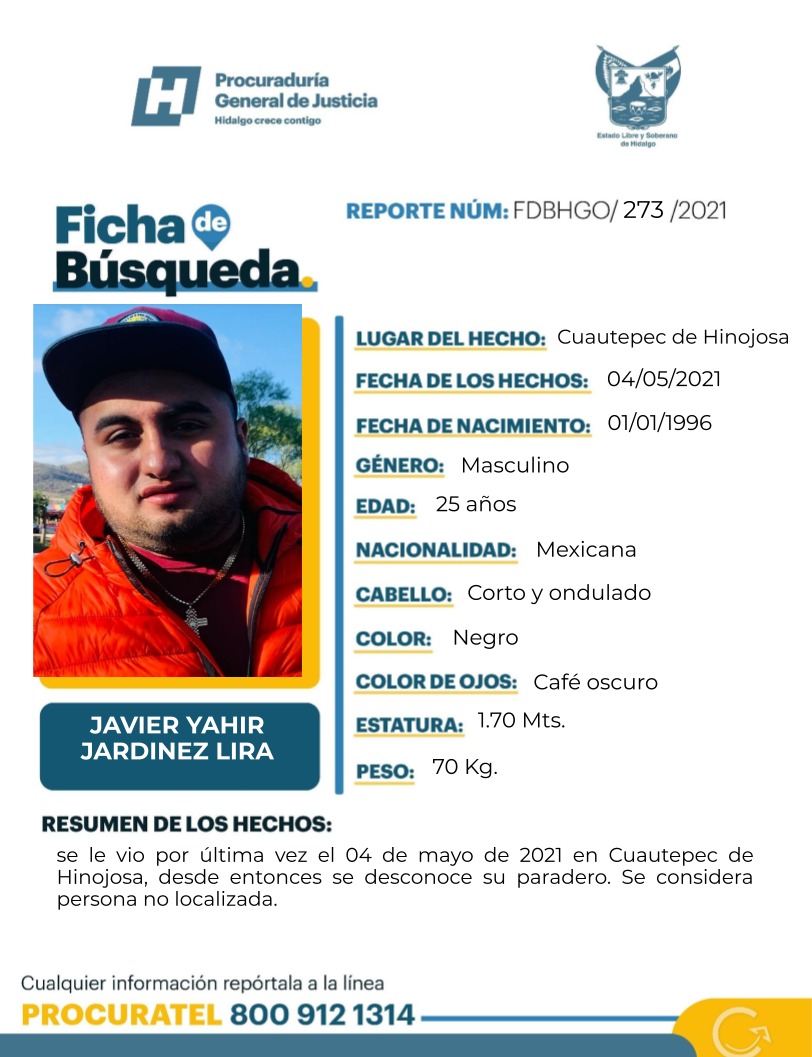 PGJE_Hidalgo's tweet photo. Solicitamos su colaboración para la #DIFUSIÓN de las #FichasDeBúsqueda en favor de FELIPE JARDINEZ UBIETA, JAVIER YAHIR, ALEXIS, FELIPE JARDINEZ LIRA y ELEUTERIO HERNÁNDEZ MÉNDEZ, vistos por última vez en Cuautepec de Hinojosa; Se consideran personas no localizadas https://t.co/dpdgCsu2n5