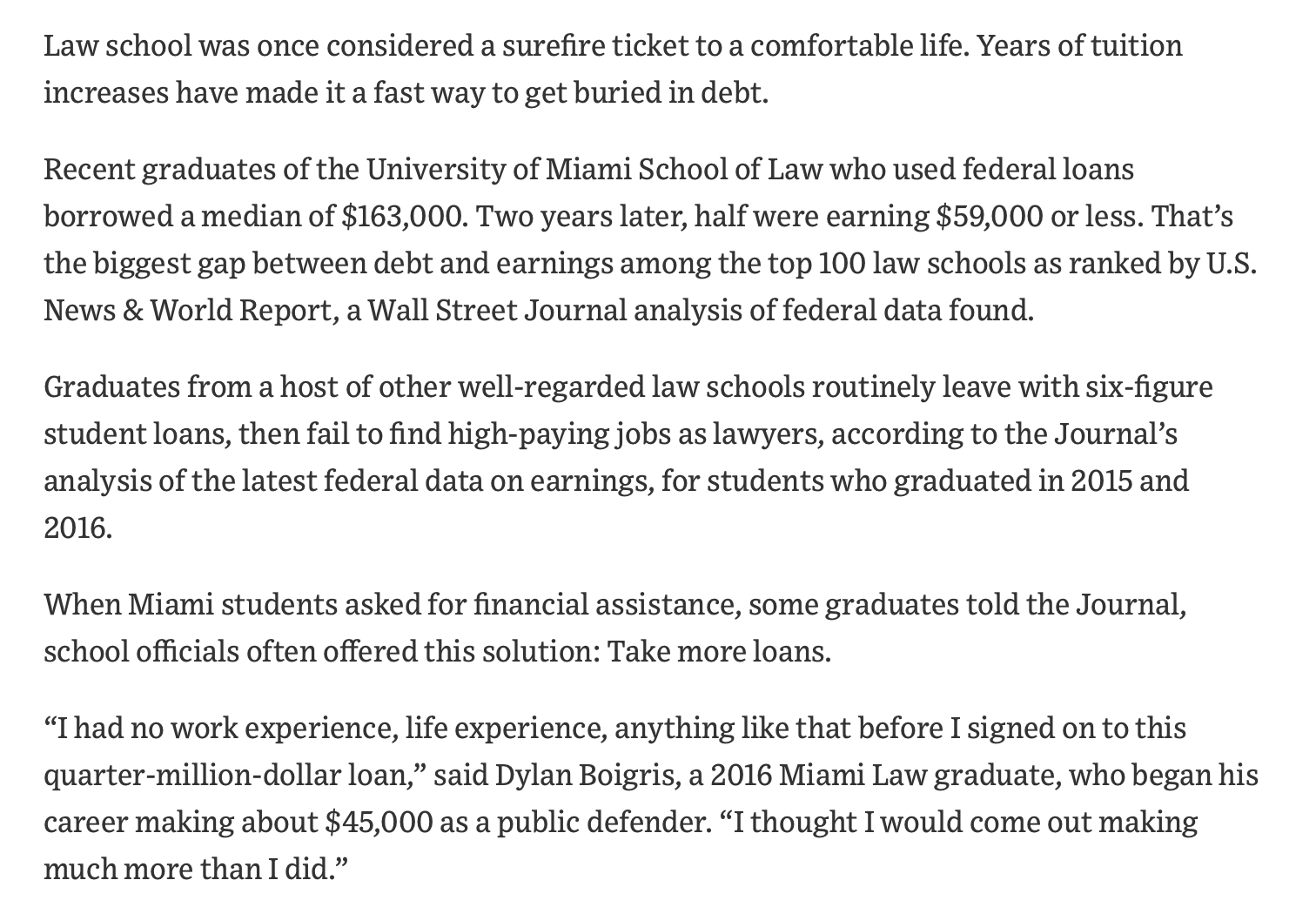 Richard Hanania on Twitter: "At the University of Miami, median law student  takes out $163K in loans, earns $59K And it's not even that bad a school,  average LSAT is 158, at