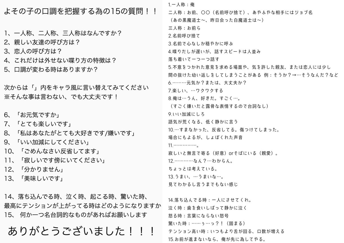 よその子の口調を把握するための１５の質問