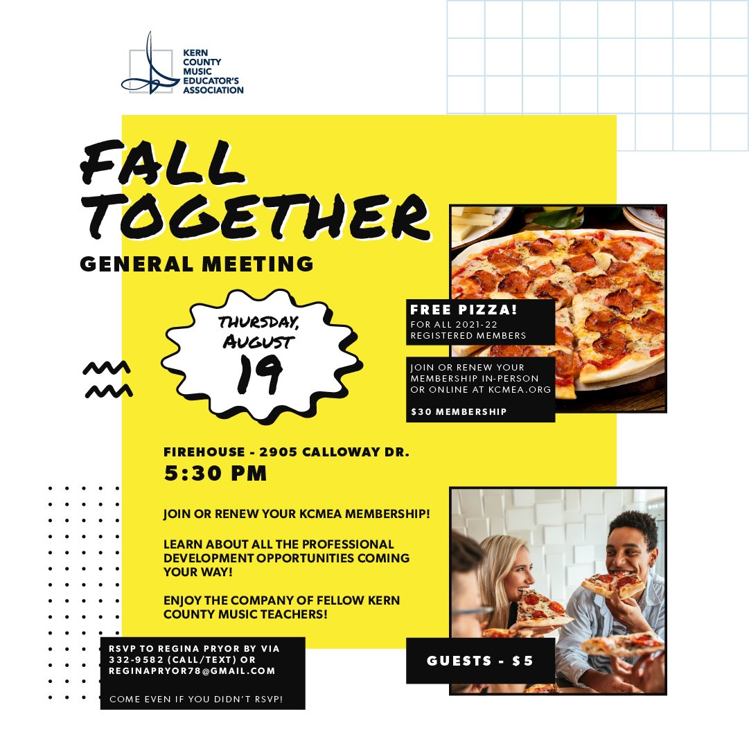 Time to kick off the 2021-22 school year with free pizza and your fellow Kern County music teachers, new and old! #kcmea