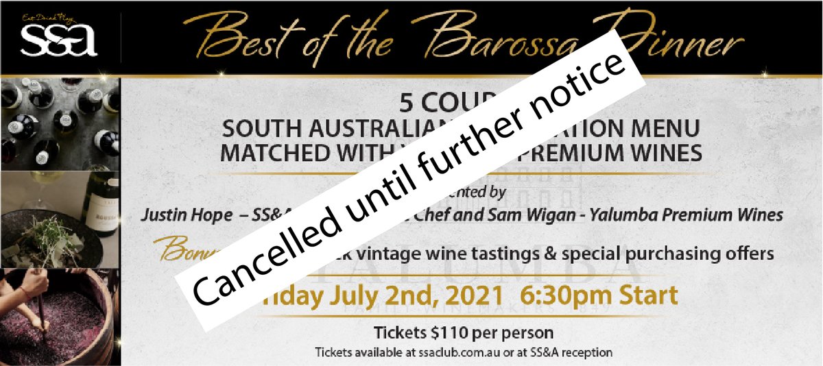 It is with regret that our planned “Best of Barossa Dinner” has been cancelled.
It is our intention to conduct the event when we have a clear date and no restrictions in play.
The current circumstances do not allow us to present the event at the level our guests deserve.