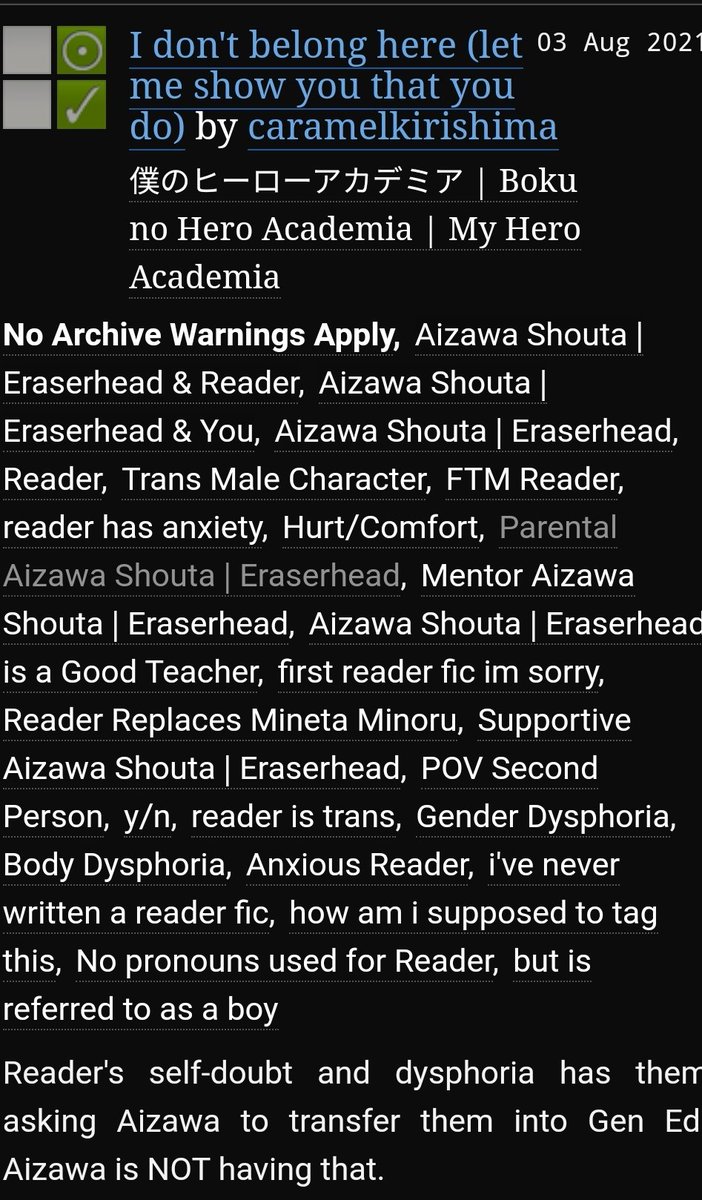 mistymitsuba's tweet photo. I don't belong here (let me show you that you do) 

Fandom:  Bnha

Basic Plot: aizawa &amp; trans (ftm) reader !! readers self-doubt and dysphoria has them asking aizawa to transfer them to gen ed

Chapters: 1

Completed: Yes

Words: 2463

Series: n/a

https://t.co/NXkmSdhZsV https://t.co/dm8OZxCO33