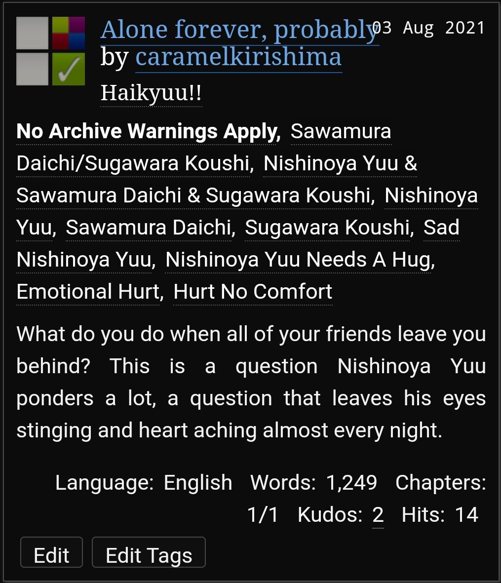 mistymitsuba's tweet photo. Alone forever, probably
(title from Leanna Firestones song)

Fandom: Haikyuu

Basic Plot: nishinoya is third wheeling :((

Chapters: 1

Completed: Yes

Words: 1249

Series: n/a
https://t.co/IwKP7MHzEI https://t.co/41Ho4YqlNn