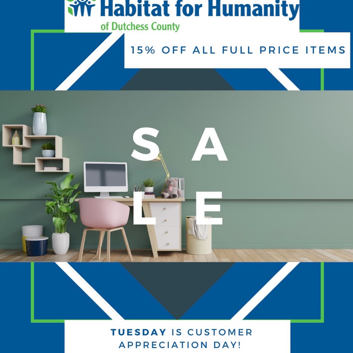 dutchessrestore's tweet photo. Tuesday is our customer appreciation day! Come on in and get 15% off all full price items! #habitatforhumanity #habitatforhumanityrestore #affordablehousing https://t.co/aYzPRW0m57