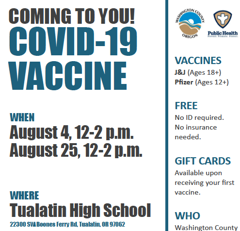 TuHS_Wolves's tweet photo. Free COVID- - Vaccine Clinic at Tualatin High School - 8/4 and 8/25  12-2pm - see flyer for details https://t.co/oiMpKRKDGE https://t.co/G4ox19hlNU