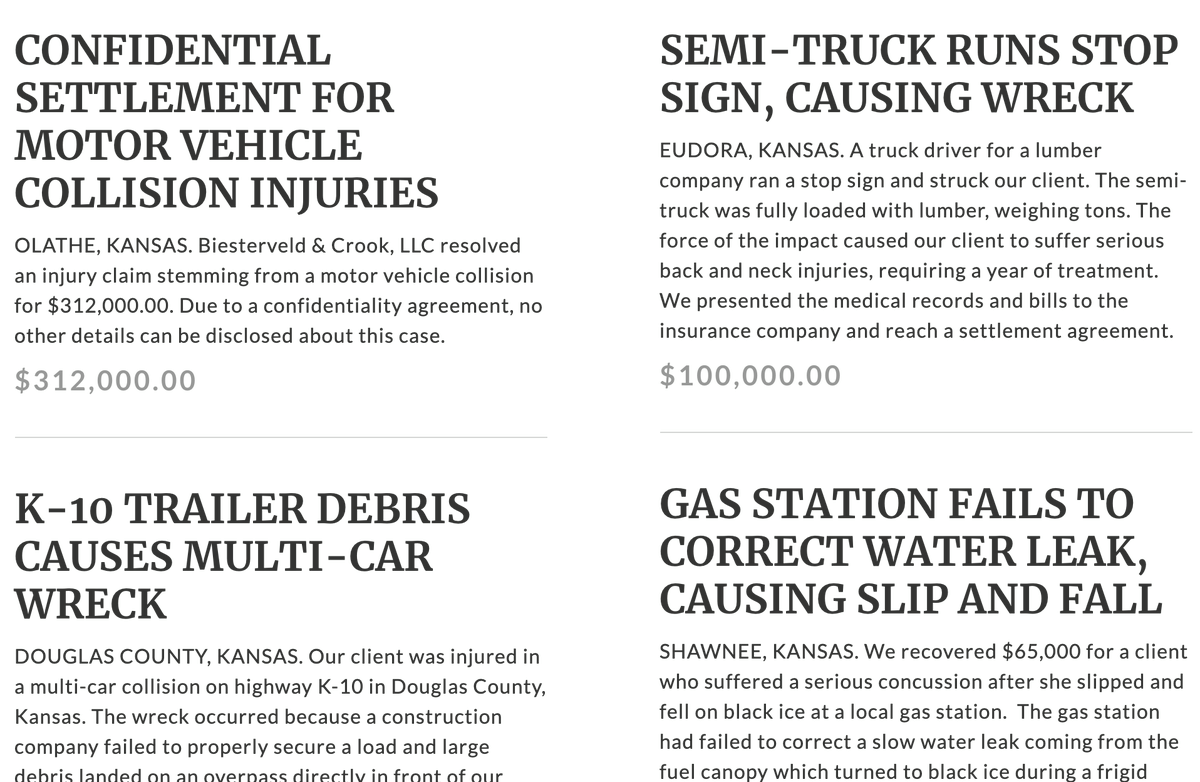 KC_InjuryLaw's tweet photo. Biesterveld &amp; Crook recently updated our case results on our new website.  Click the link below to read about our victories for injured victims! https://t.co/O4BgugeNpp https://t.co/pqGfExC3Kw