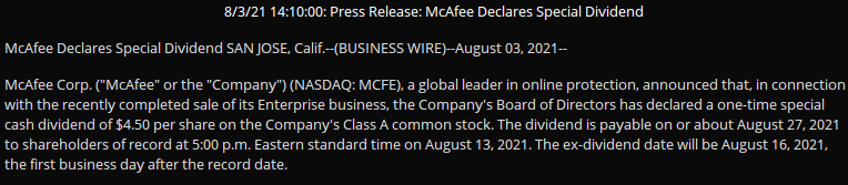 BrandonVanZee's tweet photo. $MCFE announces a very large special dividend of $4.50 per share, in connection with their recently completed sale of their enterprise business https://t.co/aDiOv2LZdD