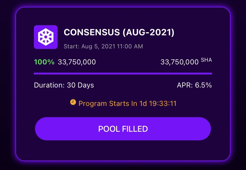 SafeHavenio's tweet image. We would like to commend all #ConsensusNode holders for reaching maximum pool capacity in the #FixedStaking program!

This will be the second month in a row that the #Consensus pool has filled above 95% pool capacity, which if maintained, then pool capacity increases by 10%!