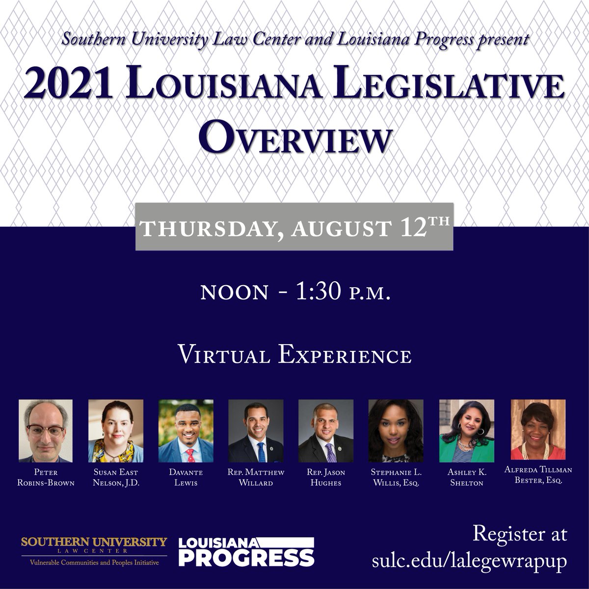 LAProgressAct's tweet image. We're joining @SouthernULaw to present a panel on the 2021 #lalege session next Thursday, 8/12, from 12-1:30.

Panelists include: @MattWillard97, @RepJasonHughes, @SusanBTR, @davantelewis, @AshleyKShelton &amp;amp; @StephaniLWillis.

Register here: sulc.edu/form/632
