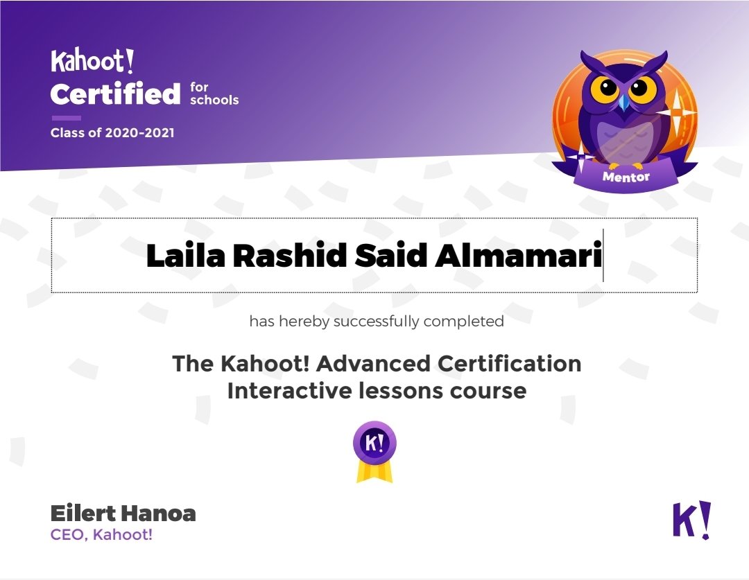almalak9957's tweet image. I’ve become a Mentor with the @GetKahoot #AdvancedCertification Interactive lessons course! 🦉 Learn more 👉 kahoot.com/certified