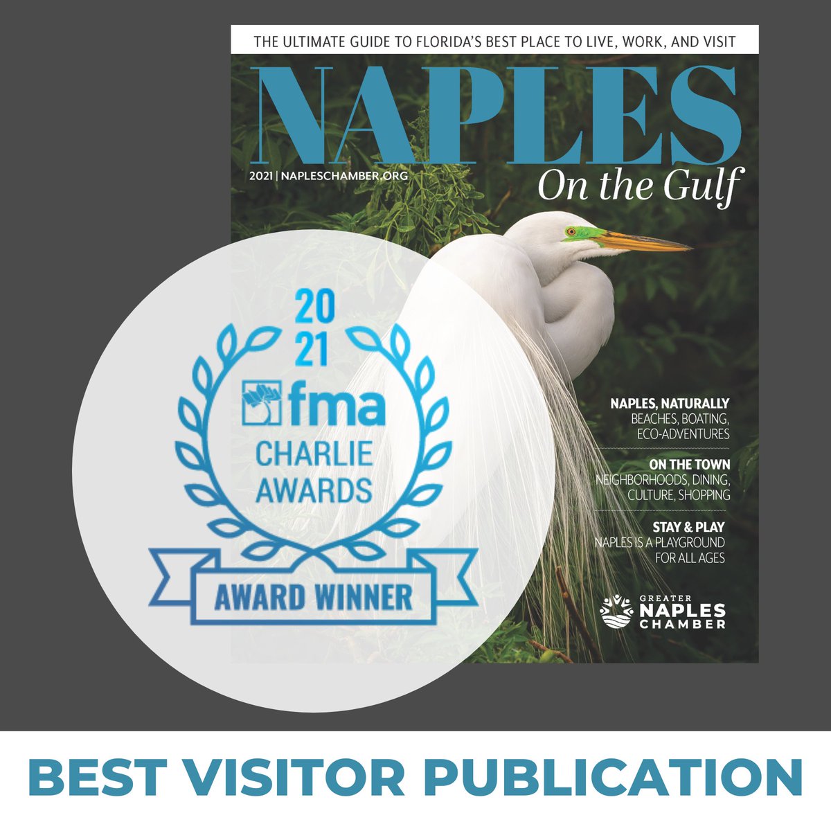 Florida Magazine Association (FMA) names the Greater Naples Chamber's visitor and relocation guide, Naples on the Gulf, the first-place winner of the Charlie Awards!
 
Click below to view the 2021 edition of NOTG
ow.ly/tovc50FJKK0