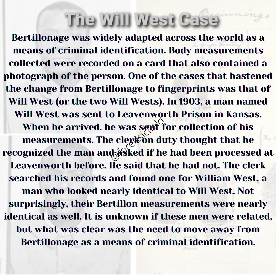 ForensicField's tweet photo. The Will West Case
--
#forensics #forensicscience #crimescene #forensic #criminology #forensicfield #forensicknowledge #questioneddocument #forensicexamination #forensicintro #forensiceducation #forensicnetexamination #willwest #anthropology #biometrics #fingerprints #twins https://t.co/LUGcoryna0