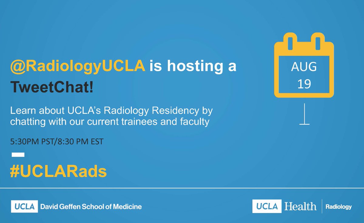 RadiologyUcla's tweet image. Excited to announce our first ever #tweetchat. We invite future #radres to join us on Aug 19 at 5:30 PM PST. Our residents and #radiology faculty will be on hand to answer questions about our program. Looking forward to seeing you then!