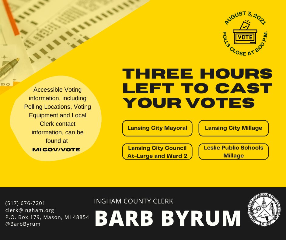 BarbByrum's tweet photo. Ingham County, Michigan: You have three hours until polls close.
*Michigan: Polls close at 8PM, local time #InghamVotes #Election https://t.co/9fg9l4eqX2