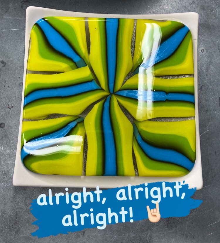 paintflail's tweet photo. time for this puppyโs final firing, into a slump mold. ima get a fairly solid 6-7โ shallow dish, & iโm super excited to see it done! as always, there will be pix!
๐๐๐
#fusedglass #fusedglassdish #patternbar #slumpmold #yellow #green #blue https://t.co/qG4IGK75b9