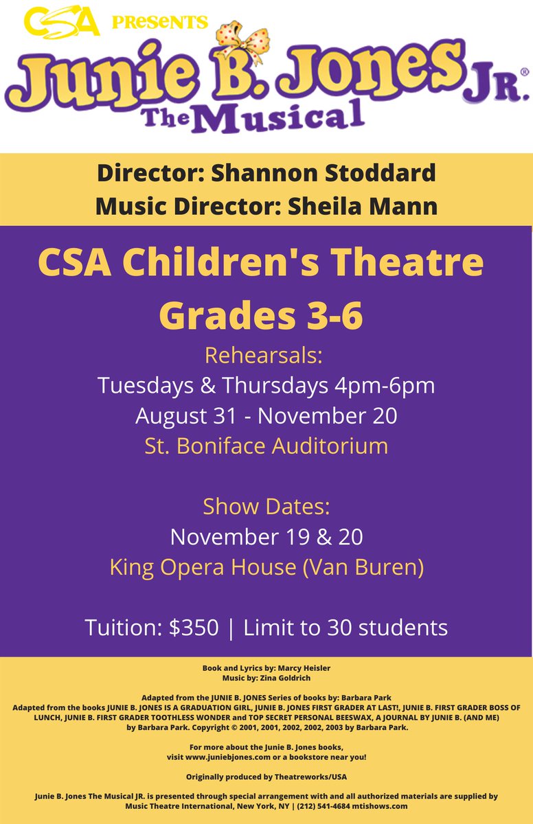 We are exactly 4 WEEKS away from starting our Children's Theatre production of Junie B. Jones The Musical JR! This production is open to all students in Grades 3-6! Enrollment is limited to the first 30 students to enroll! 
csafortsmith.org/childrens-thea…