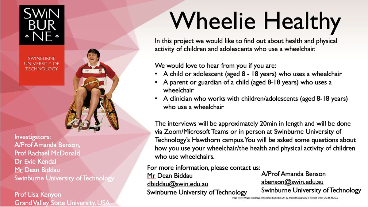 BiddauDean's tweet photo. Are you aged 8-18 and use a wheelchair? A parent of a child or clinician working with children &amp; adolescents who use a #Wheelchair?
#Melbourne @swinburne #swinburne https://t.co/8aMa4gp98R