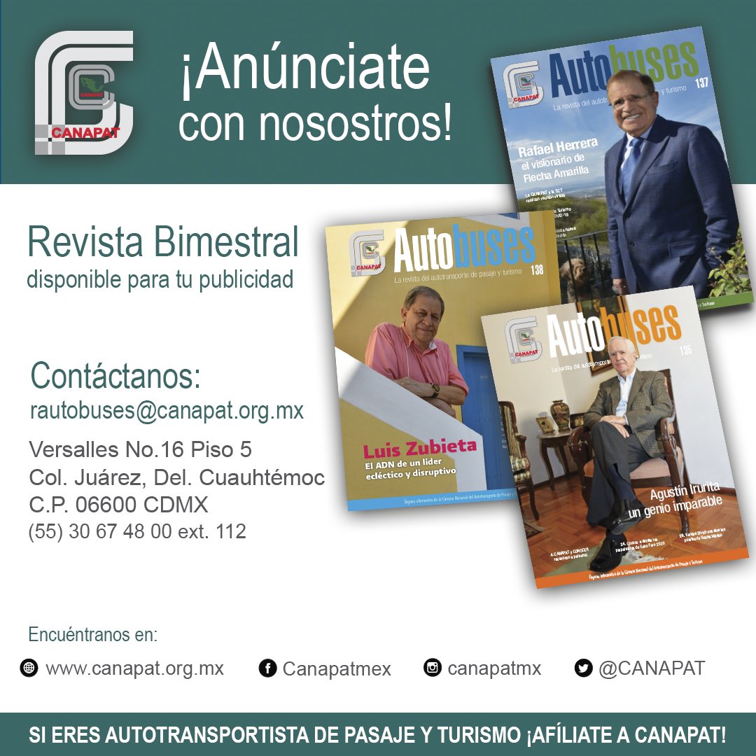 🚌 Transportista, puedes anunciar tu marca con nosotros! 

📲 Nuestra revista #Autobuses se publica de manera bimestral, en ambos formatos: impreso y digital. 

#CANAPAT #Revista #Autotransporte