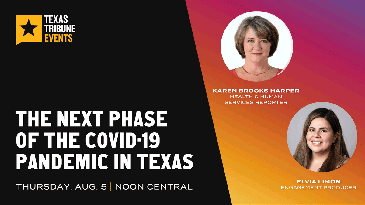 TexasTribune's tweet photo. COVID-19 is spreading rapidly, mostly among unvaccinated Texans. What might the next phase of the pandemic look like here?
@kbrooksharper + @elvialimon will discuss on Instagram Live Aug. 5. Tweet your questions for them with #AskTrib. https://t.co/S7yDZQeFzi https://t.co/tSpO3TmsQb