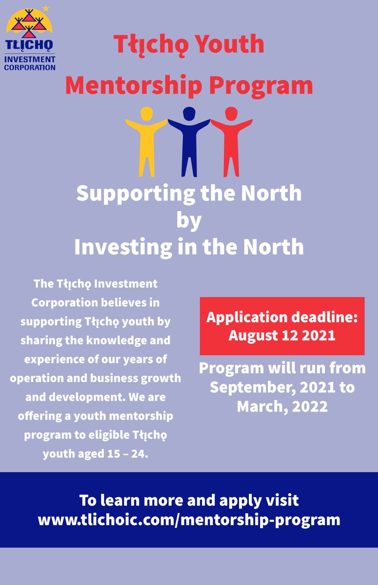 Tlichoic's tweet photo. The Tłı̨chǫ Investment Corporation believes in supporting Tłı̨chǫ youth, TIC will be sharing our knowledge and experience through a Mentorship program for Tłı̨chǫ youth aged 15-24
Visit https://t.co/AaPHHV5E8Z to learn more and apply!
Masi.
#tlichoic #TIC #Tlicho https://t.co/wBeJoHrynx