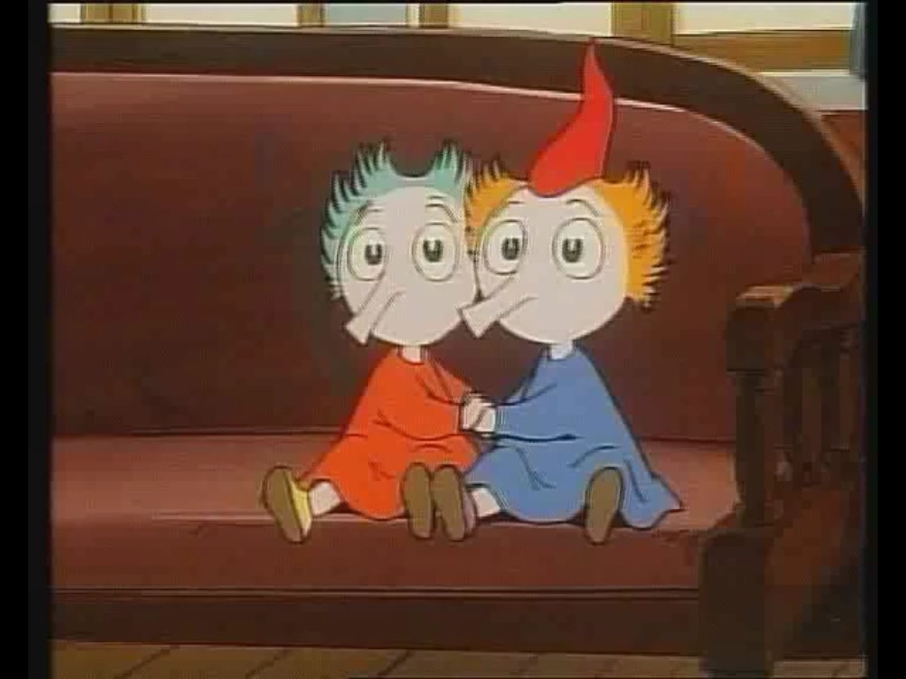 contrastpairOTD's tweet photo. Tonight's color-contrast pairing is Thingumy/Bob from Moomins! ❤️/💙

Their original names, Tofslan and Vifslan, are based on Tove, the author, and Vivica, her lover at the time. They hide a precious gem and speak secretly, symbolizing their private union from homophobic society. https://t.co/Goe6lzPqv7