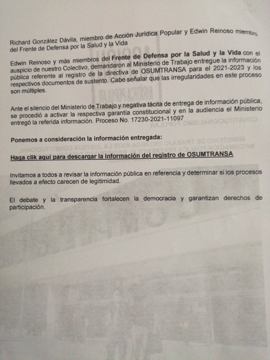 FaustoBenalcaz5's tweet photo. EXIGIMOS ELECCIONES DEMOCRÁTICAS Y QUE SEAN LAS BASES DE OSUNTRAMSA QUE ELIJAN A SUS  REPRESENTANTES

RECHAZAMOS A LA DIRECTIVA QUE SE AUTOPROCLAMAN SER LOS NUEVOS DIRIGENTES DE OSUNTRAMSA https://t.co/vZnvZmiOEd