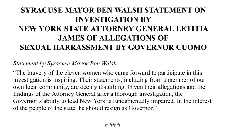 BenWalsh44's tweet photo. My statement on the New York State Attorney General’s independent investigation of sexual harassment claims against the Governor: https://t.co/x6WUGOZrwe