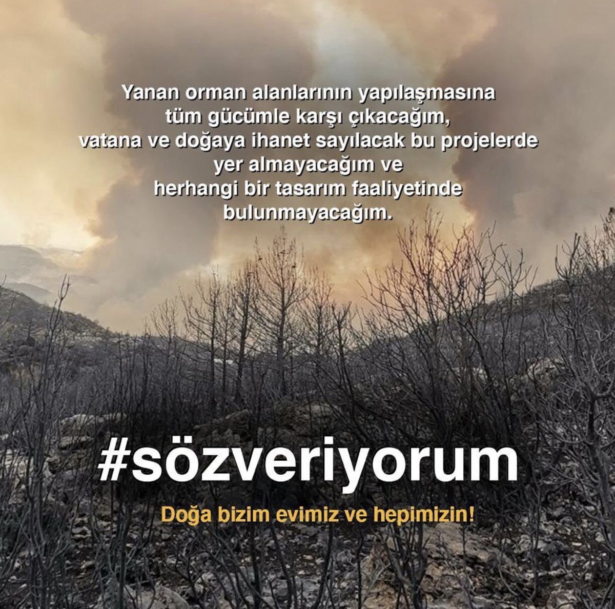 Tüm ahlaklı ve vicdanlı yatırımcı, mimar, iç mimar, peyzaj mimarı, müteahhit, tasarımcı arkadaşlarımıza ve STK’lara çağrıdır. Doğa bizim evimiz ve hepimizin! 

#sözveriyorum #yananormanlarimarakapatılsın #geleceğimizyanmasın