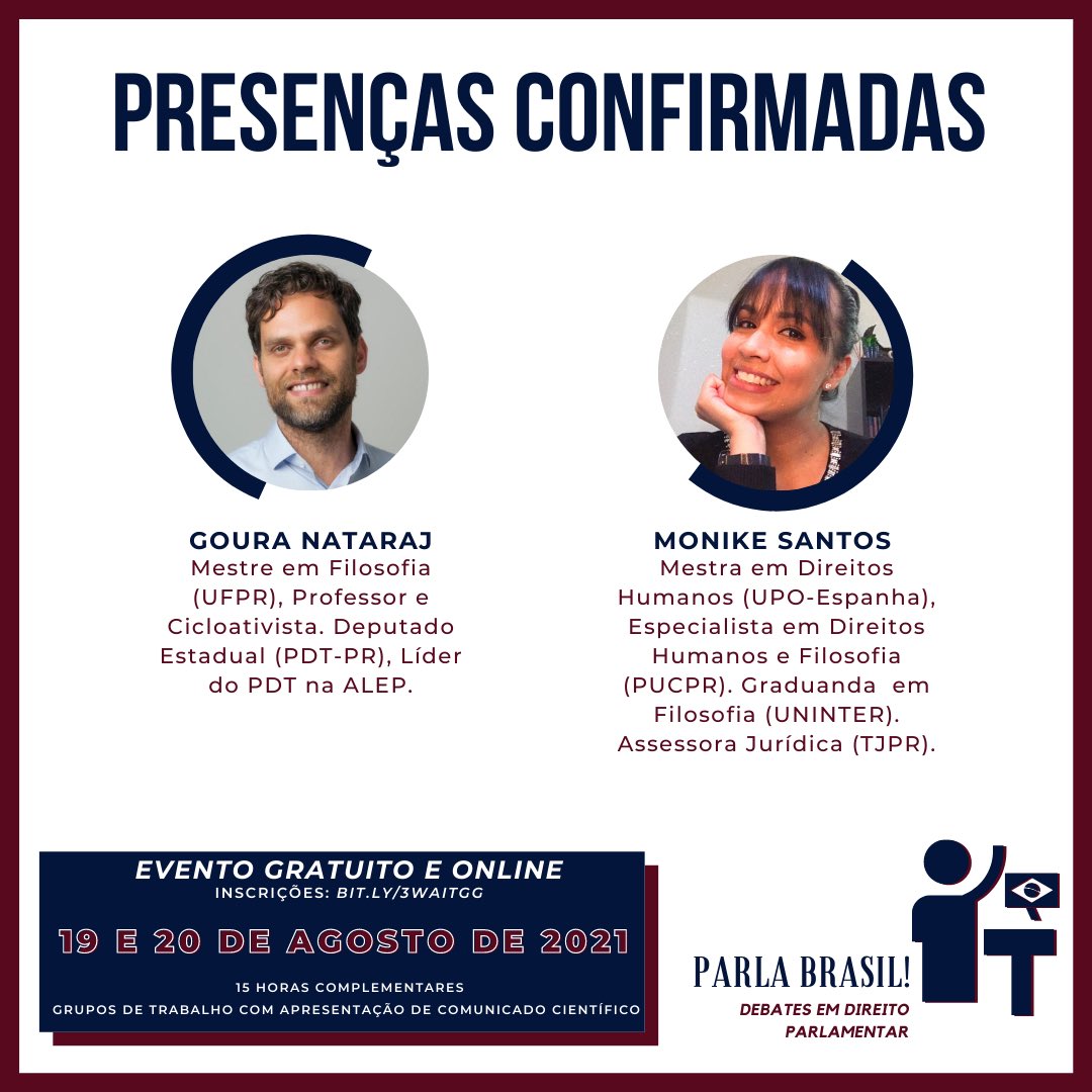 InstitutoParla's tweet photo. Parla Brasil: Debates em Direito Parlamentar já tem presenças confirmadas:
@goura_nataraj : Deputado estadual e líder do PDT na ALEP. Mestre em filosofia (UFPR), professor de sânscrito, ambientalista, cicloativista.
#PARLA #PARLABRASIL #direito #direitoparlamentar https://t.co/hpoKCK6cjq