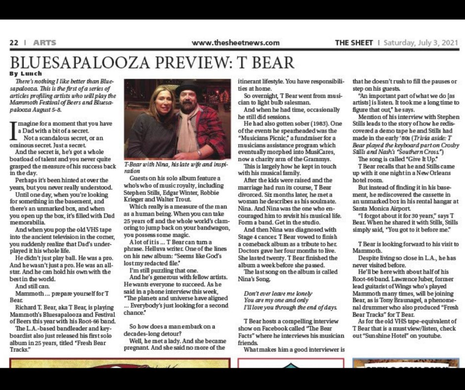 Making Noise! T BEAR is the featured artist profile in this edition of thesheet.com  He will be playing Sun.  Aug. 8th at Mammoth Festival of Beers &amp; Bluesapalooza. Get your tickets: mammothbluesbrewsfest.com/tickets/
<a href="/tbeartracks/">T Bear (aka Richard T Bear)</a>