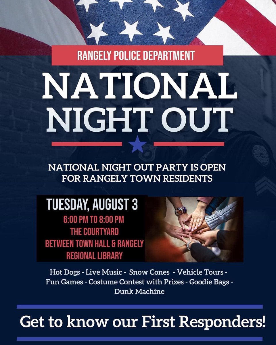 RangelyPD's tweet photo. Residence in about an hour &amp; half National Night Out will begin! Please Come Join us at the Town Hall Courtyard. It will be lots of fun. We hope to see you there! https://t.co/g9gaNYBmvM