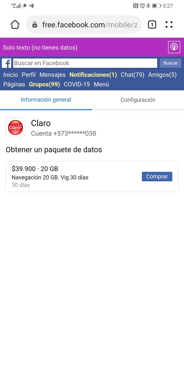 Carlos_Lagoss's tweet photo. @ClaroTeAyuda por qué pagando plan de datos no me funciona el Facebook, al ingresar por Internet me aparece lo siguiente, que no tengo datos, me tocara comprar 50 GB más? https://t.co/Zu5AJvRUYv