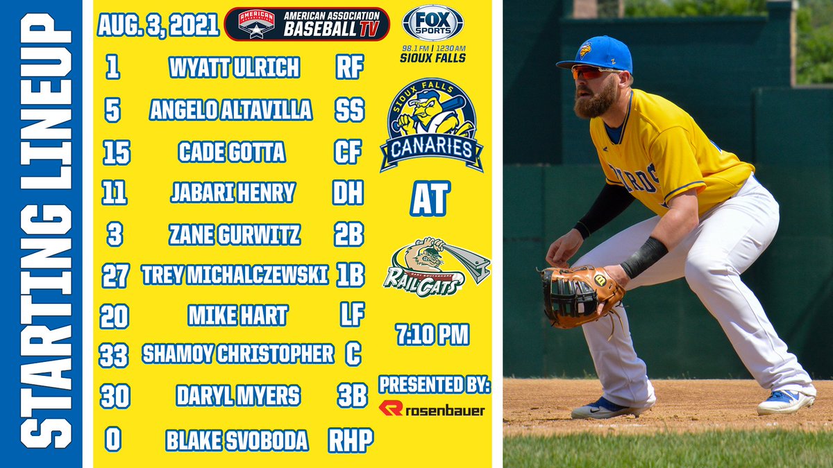 canaries's tweet photo. .@MMULancersBSB alum Blake Svoboda gets the ball tonight in Gary!

⏰ 7:10 pm CT
🏟️ US Steel Yard (Gary, Indiana)
📻 https://t.co/RR3FzWJX8U
📺 https://t.co/xaCCH5Tm9A

Your Birds starting lineup presented by @RosyFire!

#WholeNewBallgame https://t.co/7zwLuGJ2OI