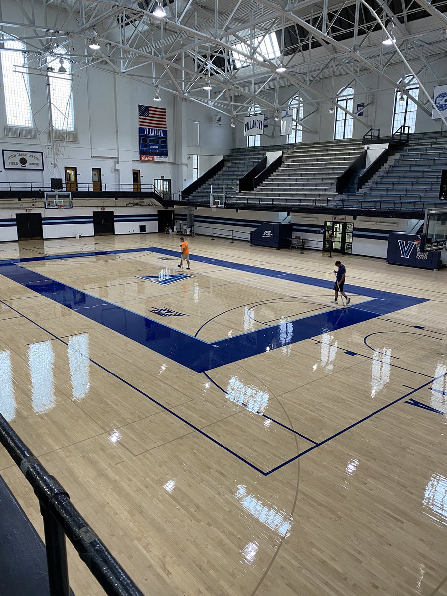 b31anderson's tweet photo. Annual August floor maintenance signaling the @NovaVolleyball season on the horizon - Jake Nevin court getting stripped / painted / resurfaced by the best in the biz - North Eastern Floors. @NovaMBB @novawbb practice courts up next #AthOps https://t.co/Cm1o4BbdFK