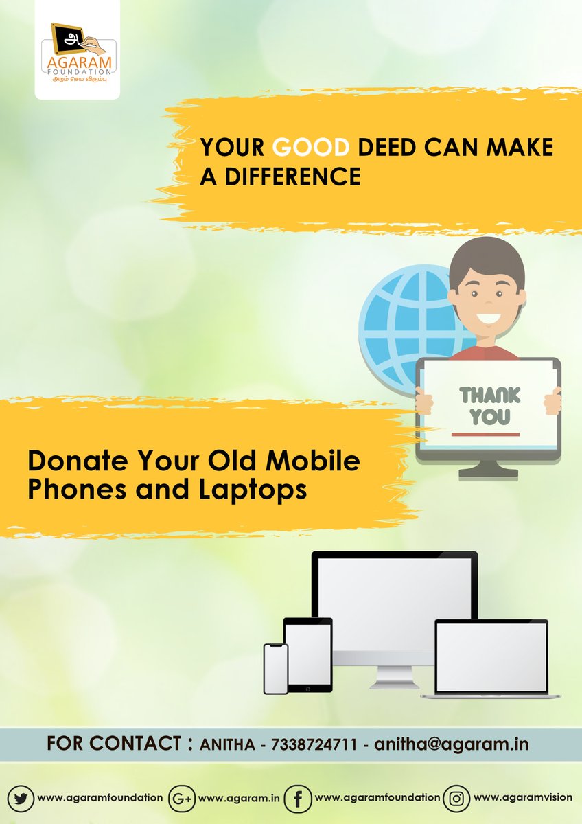 Little things make a big difference.

Note - It would be great if you could donate devices with 1GB Ram that accesses basic educational applications.
#Agaram #AgaramFoundation #help #Donatemobiles #DonateLaptops #empowerstudents #changealife