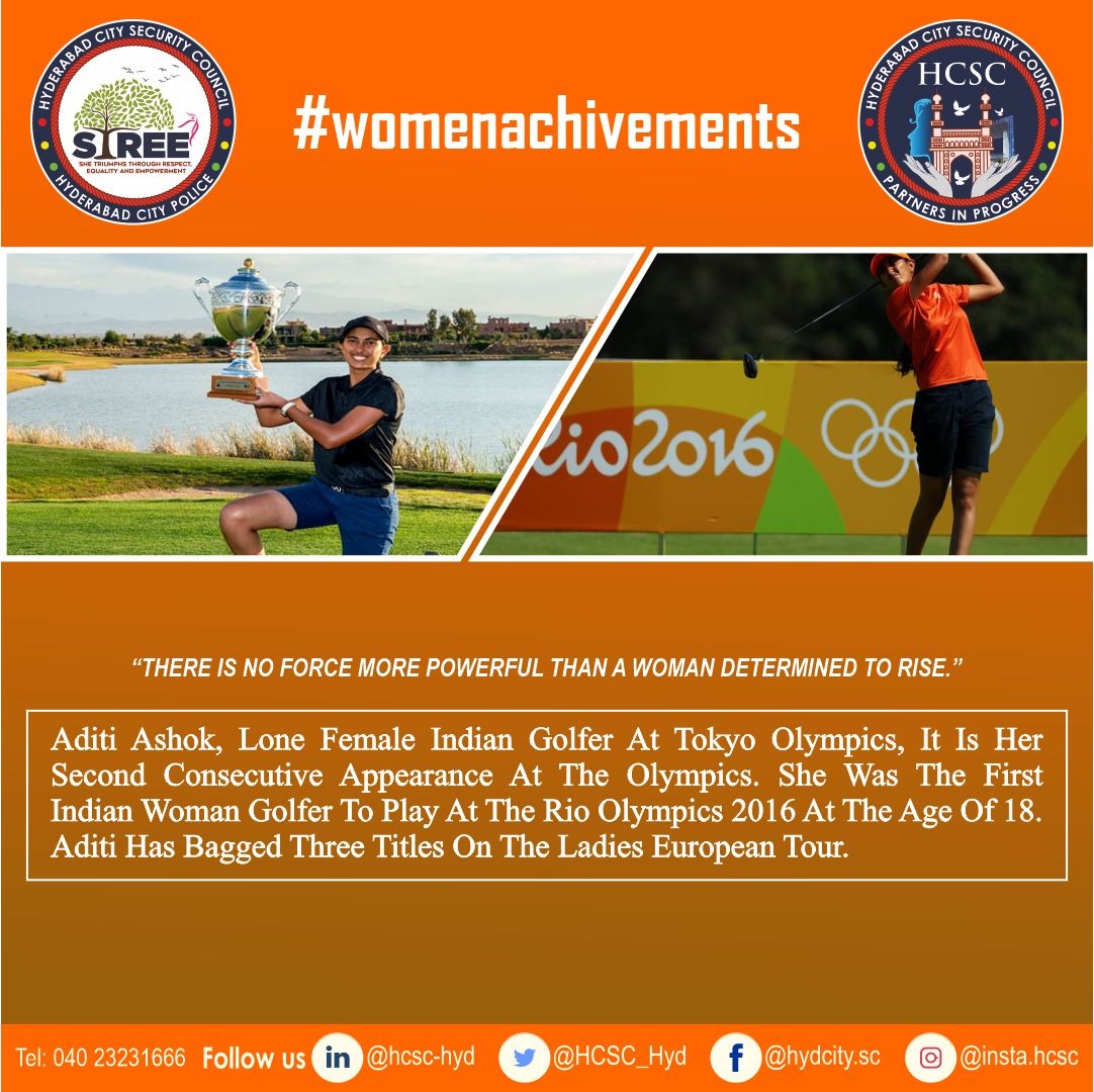 HCSC_Hyd's tweet photo. #womenempowerment #womenachivements #womendedication #AditiAshok #Olympics #olympics2021tokyo #stree #hcsc #womensafety @BharaniAroll @piyuagarwal @CPHydCity @hydcitypolice @AddlCPCrimesHyd @PrasanthiPran @Geeta10448795 @RAJASEK00406753 https://t.co/wyh3QYtKyT