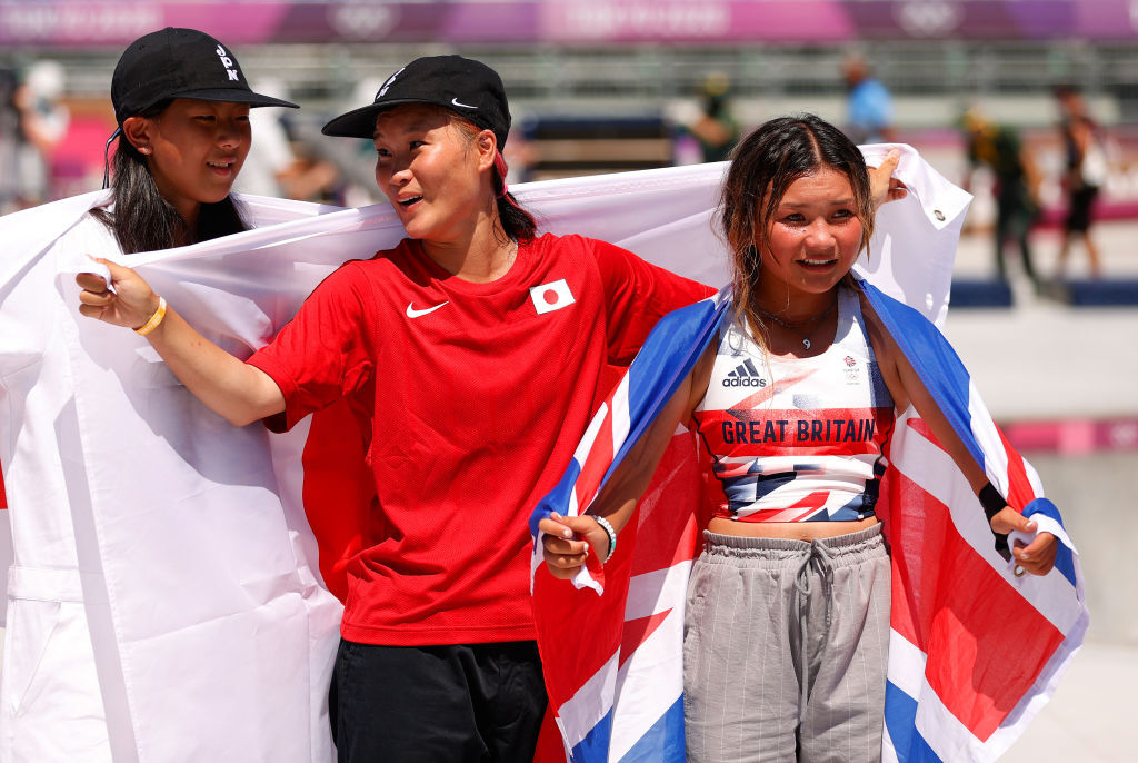 Inaugural Olympic Skateboarding park podium at #Tokyo2020:

Yosozumi Sakura #JPN 19 y.o.
Hiraki Kokona #JPN 12 y.o.
Sky Brown #GBR 13 y.o.