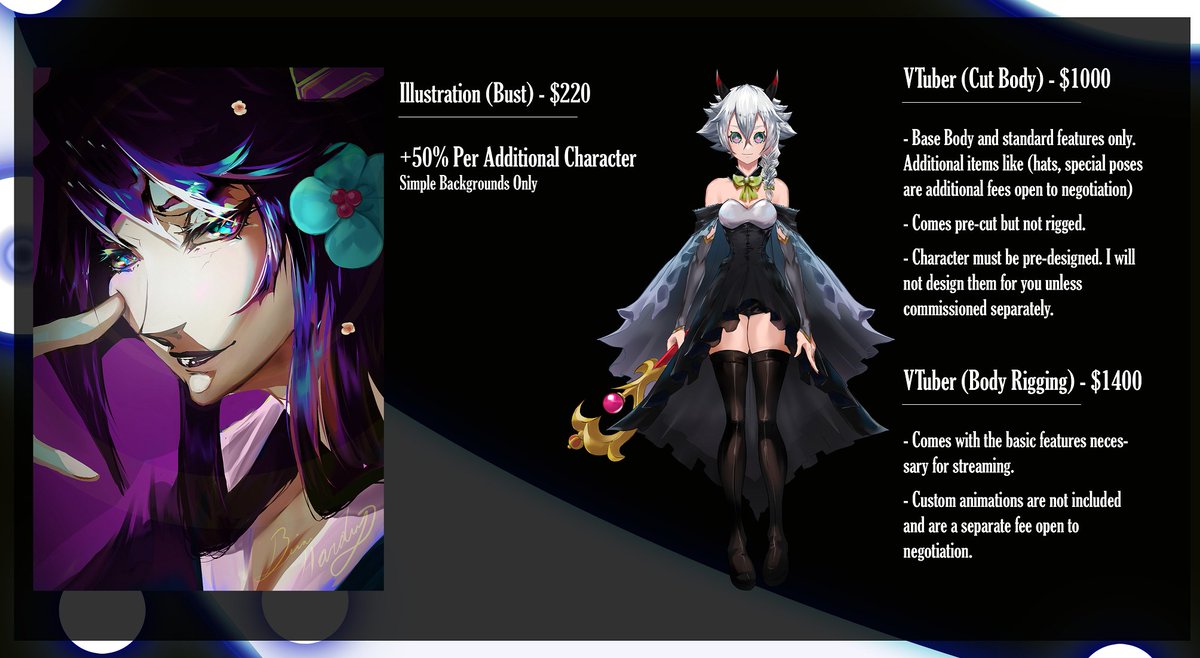 Commission info. Please give me a day or two to respond (unless stated otherwise) if you're interested. Extra details in the last image. Depending on my schedule anything commissioned may take a while to be delivered. I may reject commissions I feel unsuited for.