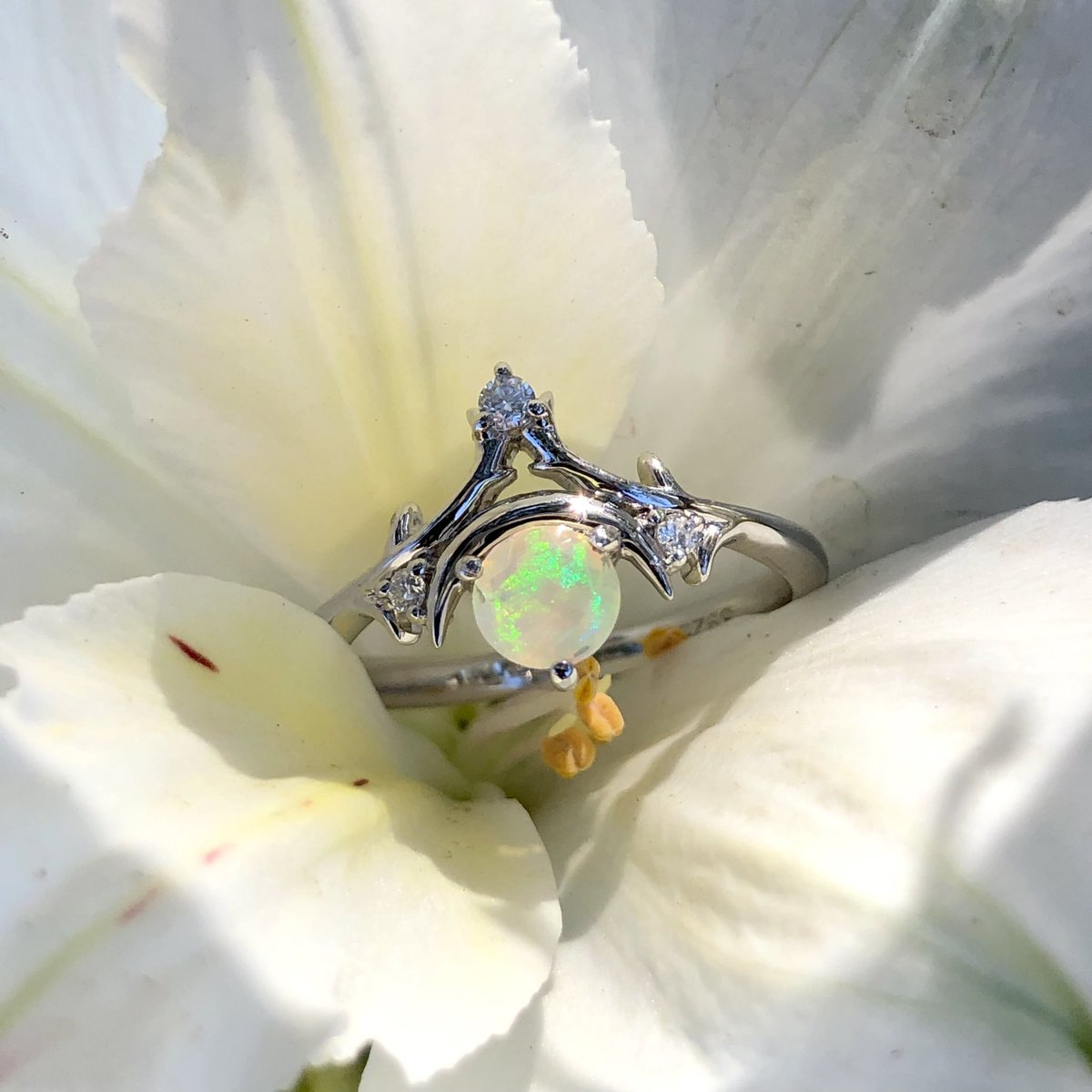 lukeylux's tweet photo. Little elf ring 🧝🏽‍♀️ ✨ 

Custom Moon and branch design in sterling silver, set with Moissanite and Opal https://t.co/1csgCmAeyO