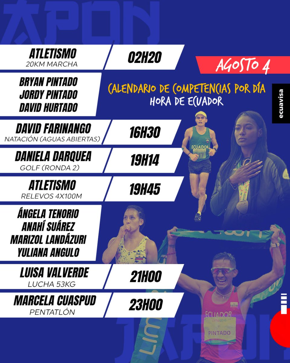 ecuavisa's tweet photo. #Tokio2020  || Los atletas ecuatorianos tendrán participación este miércoles en los Juegos Olímpicos. La jornada arranca desde la madrugada. Revisa los horarios 🇪🇨👏🏽👇🏽 https://t.co/ZTXuMevjMX