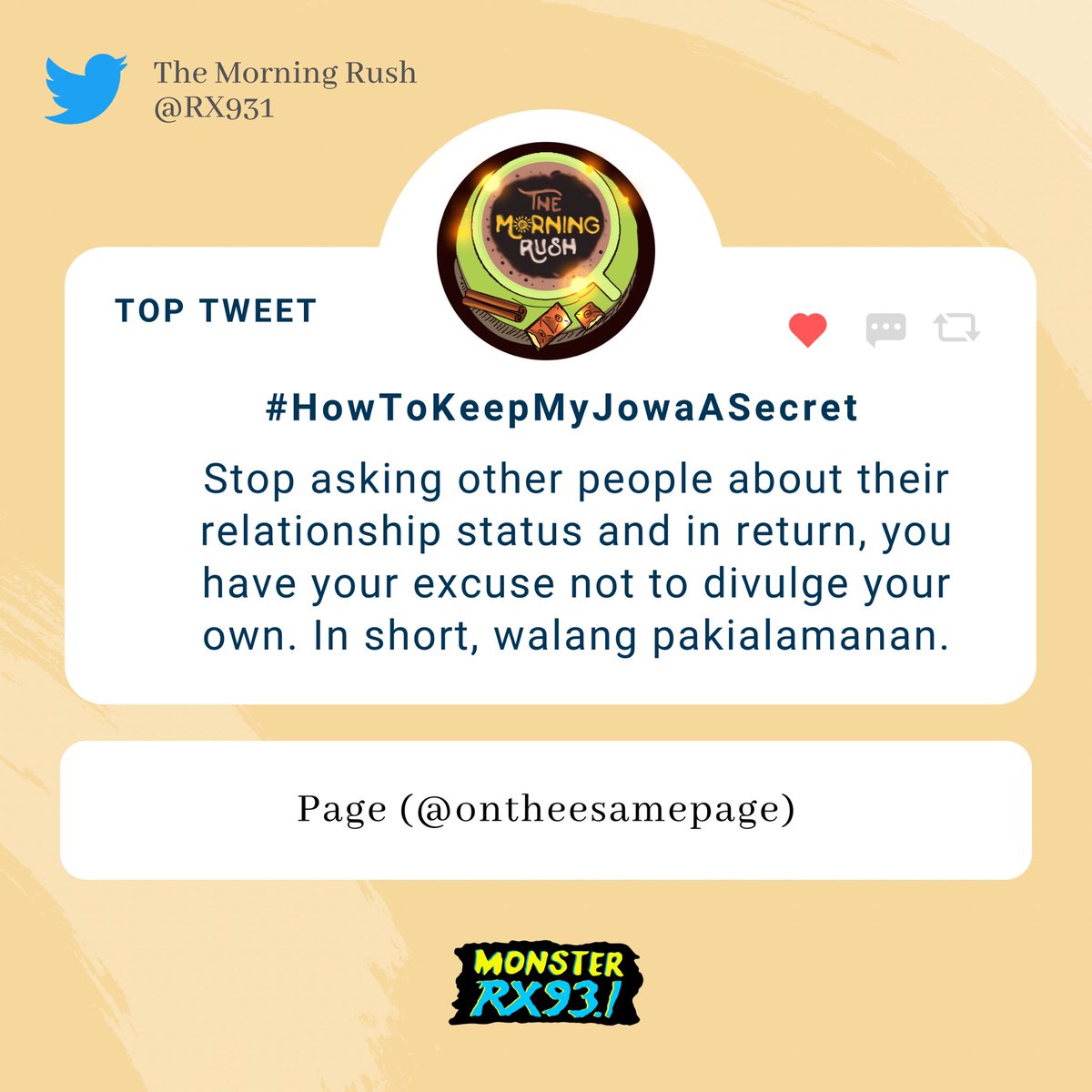 RX931's tweet photo. #HowToKeepMyJowaASecret from @ontheesamepage #TheMorningRush https://t.co/f0e1a3nJYP
